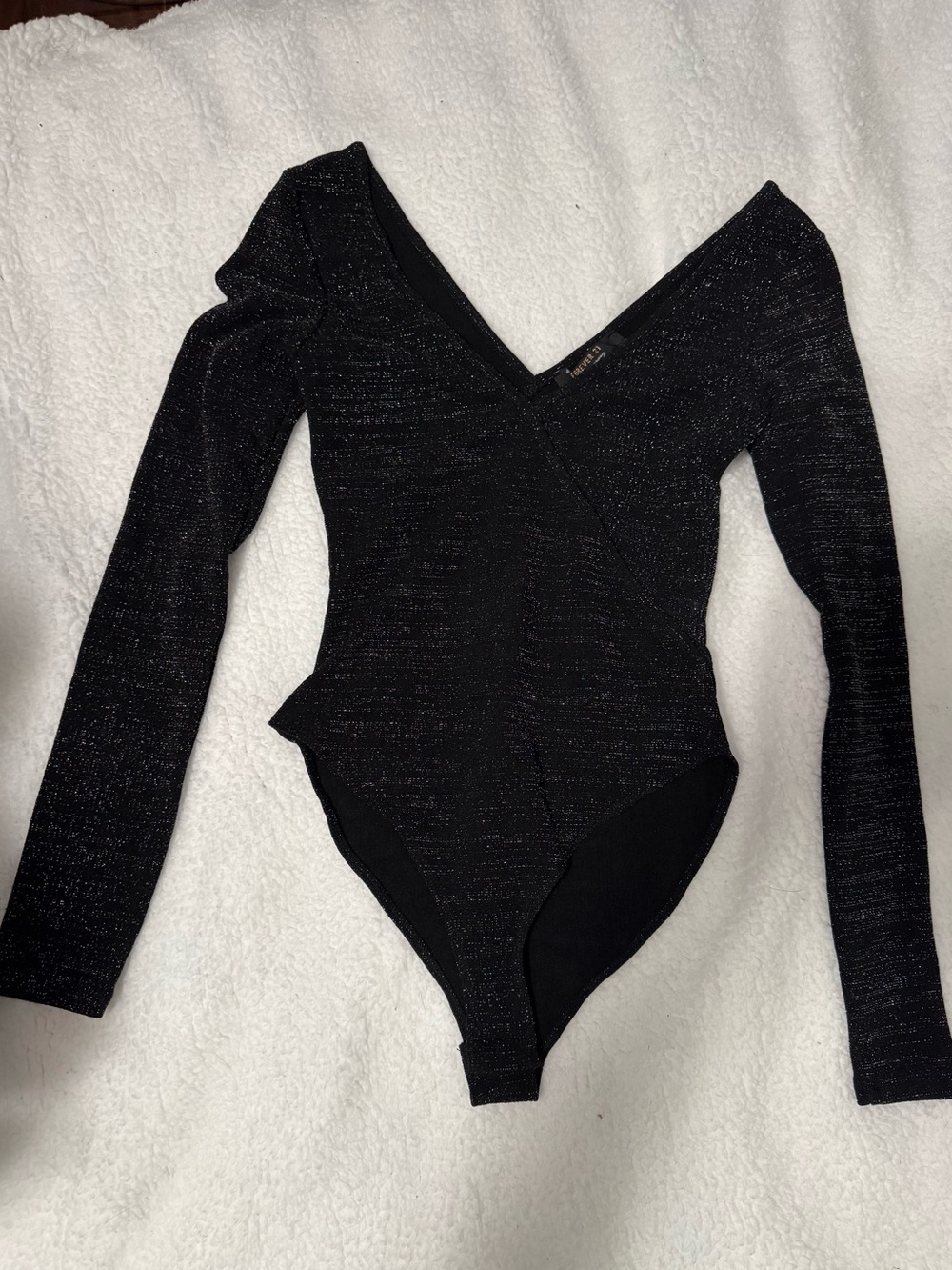 Forever 21 Black Sparkle Long-Sleeve V-Neck Bodysuit